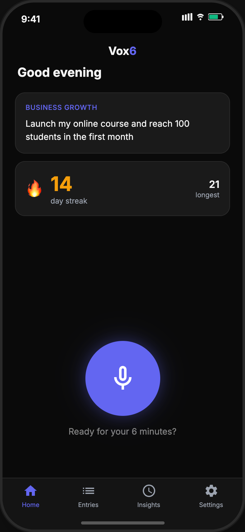 Vox6 dashboard with mood trends and insights