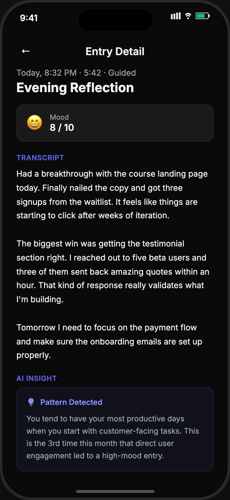 Vox6 entry detail with transcript and mood